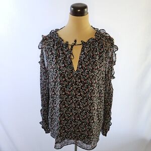 1. State Black Floral Cold-Shoulder Ruffle Blouse - M